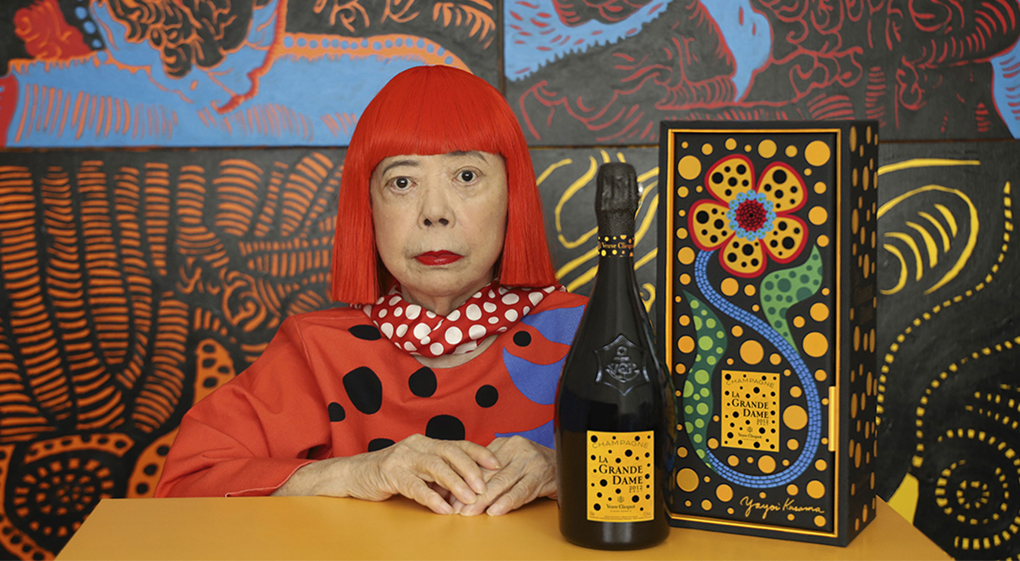 VEUVE CLICQUOT  A miracle collaboration bottle VEUVE CLICQUOT LA GRANDE  DAME 2012 x YAYOI KUSAMA with Yayoi Kusama, the world's most famous and  influential contemporary art master, will be introduced.